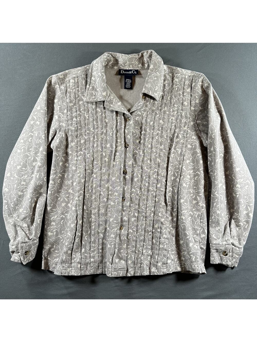 Denim & Co. Beige Floral Collared Button-Up Top Long Sleeve Cotton Blend Small